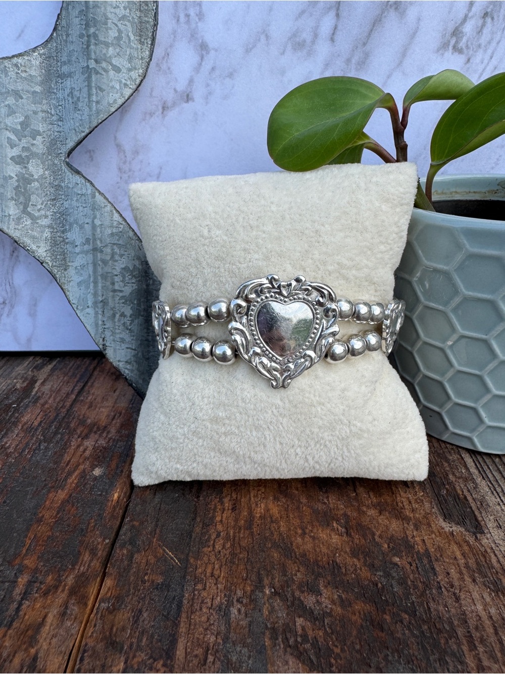 Vintage Sterling Silver Filagree Heart Charms Beaded Bracelet